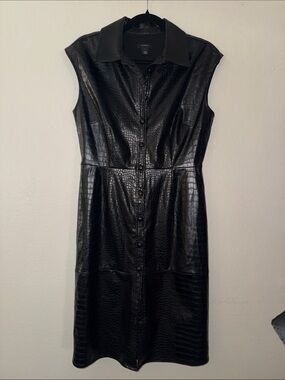 Halogen Button-Front Faux Croc Midi Dress in Black